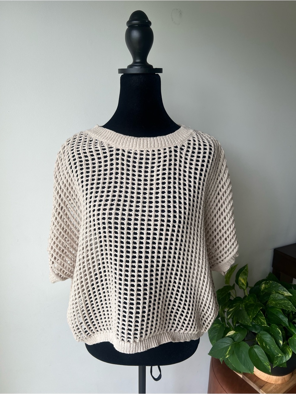 She + Sky Cream Open-Weave Short Sleeve Sweater